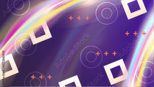 Abstract artwork with pastel rainbow swirls, squares, circles, and plus signs suitable for design projects, backgrounds, and artistic concepts.