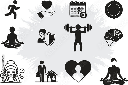 Vector Icons set for Wellness, fitness and health. Exercise, yoga, cleanliness, diet, protection, care, self care and schedule. EPS 10.