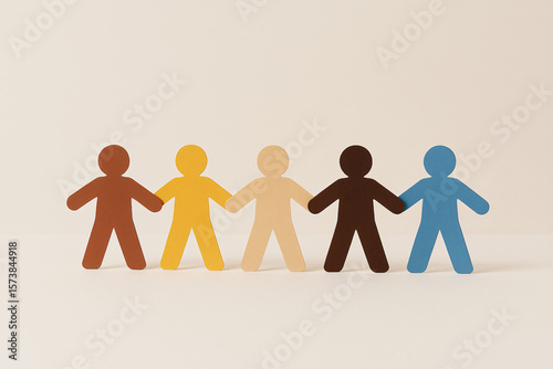 Diverse colored paper figures supporting each other like a human chain, symbolizing of unity, minimal cream color background