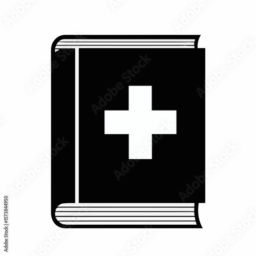 First Aid Book Icon. A simple and clear black and white icon depicting a first aid book, often recognized by the white cross symbol. Ideal for medical, healthcare, emergency, and educational designs