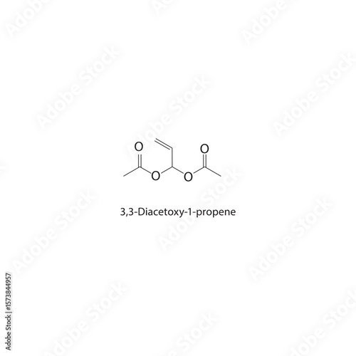 3,3-Diacetoxy-1-propene skeletal structure. Ester compound schematic illustration. Simple diagram, chemical formula.