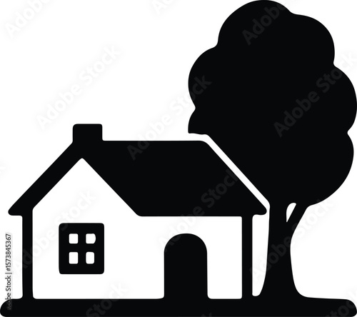 Silhouette house with tree simple rural landscape Vector illustration