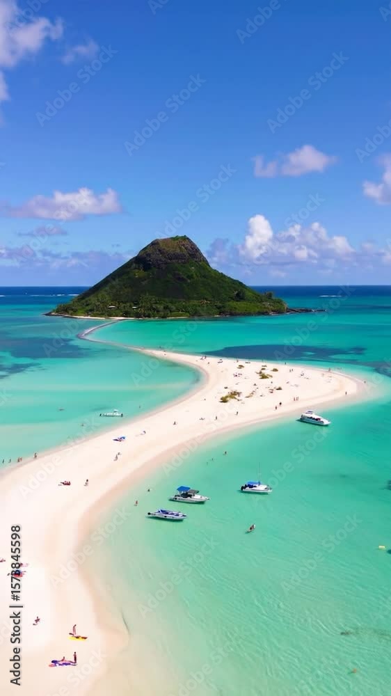 Stunning aerial view of a pristine tropical beach, turquoise water, and a small island Stunning aerial view of a pristine tropical beach, turquoise water, and a small island