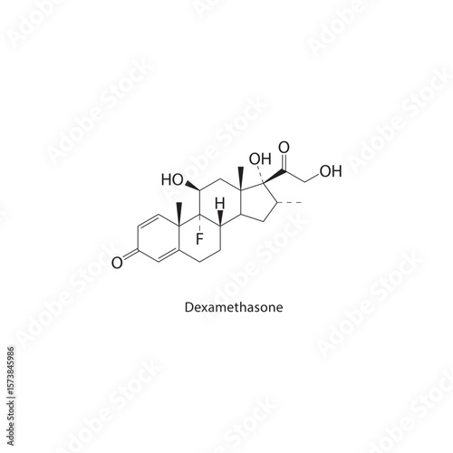 Dexamethasone skeletal structure. Corticosteroid compound schematic illustration. Simple diagram, chemical formula.
