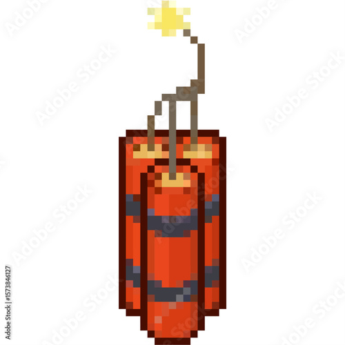 Pixel dynamite vector, depicting explosive power in a classic 8-bit style. Perfect for gaming, danger warnings, or retro action-themed designs.