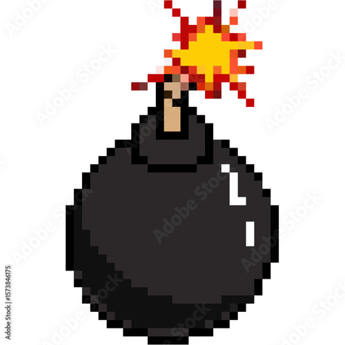 Pixel bomb vector, featuring a classic 8-bit explosive. Ideal for game interfaces, warning signs, or retro-themed designs requiring a blast element.