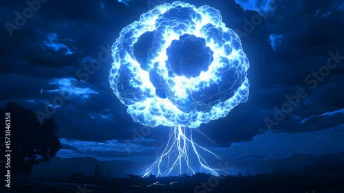 Intense lightning striking dramatic cloud formation during night sky illuminating the atmosphere