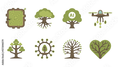 A diverse set of natural tree vectors illustrating the four seasons and eco-friendly growth