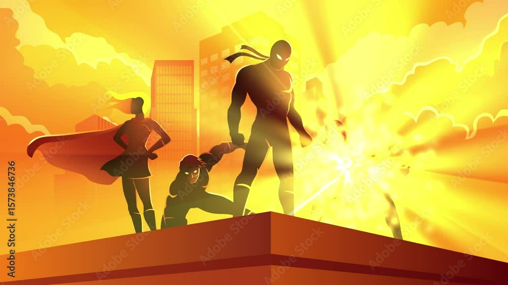 Dramatic superhero team silhouette with city buildings backdrop motion graphics