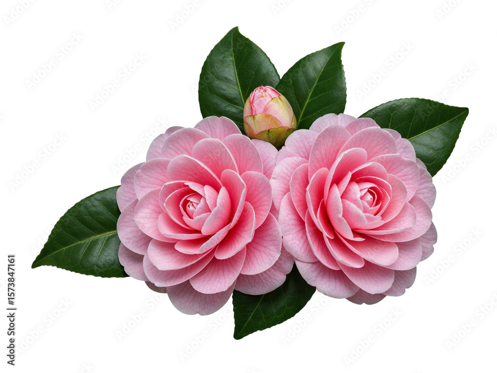 Fototapeta premium Two delicate pink camellia flowers and a bud with green leaves isolated on transparent background