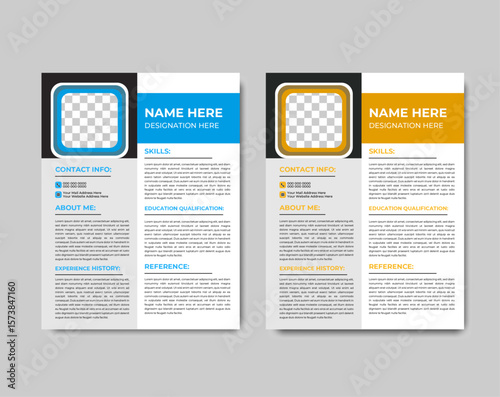 Modern Professional Resume/CV Template Design with Photo Placeholder and Dual Colour Options - Blue and Yellow/Orange Scheme for Job Application and Career Portfolio
