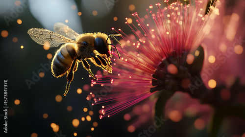 A synthetic bee with pollen-sensor wings hovering above a fiberoptic flower 