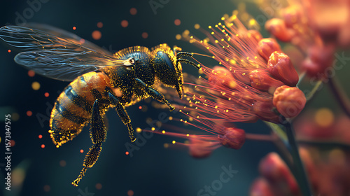 A synthetic bee with pollen-sensor wings hovering above a fiberoptic flower 