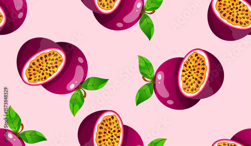 Passion fruit seamless pattern on blue background. Vector illustration of passion fruit.