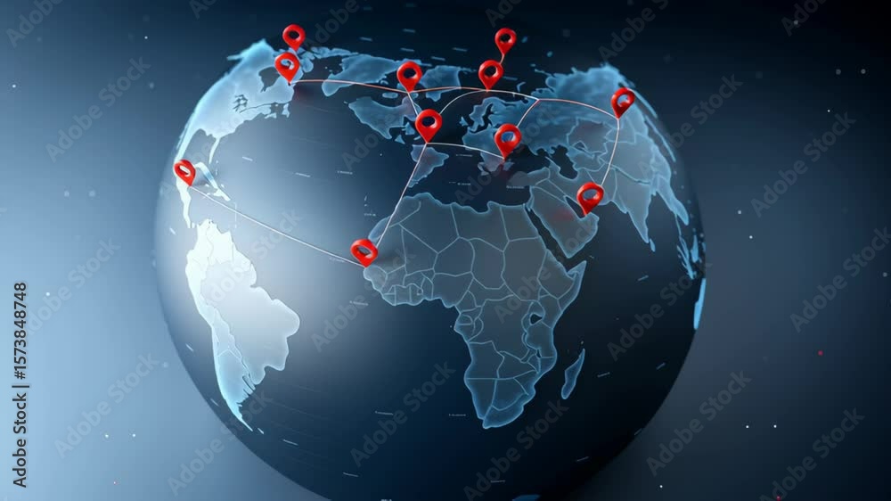 Global trade small business. Red location pin on digital globe with network connection lines showing global network and travel routes on world map with glowing lines