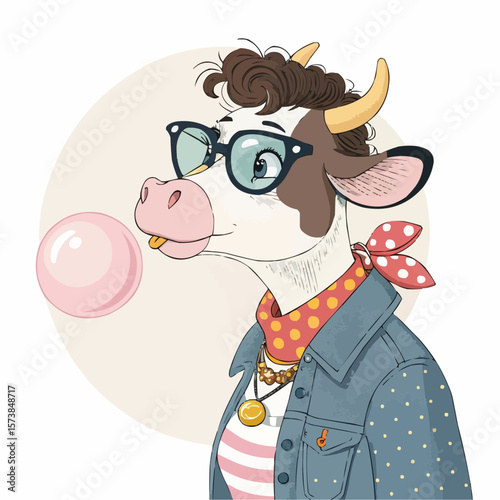 Fashionable Cartoon Cow with Funky Haircut and Glasses Blowing Bubble Gum