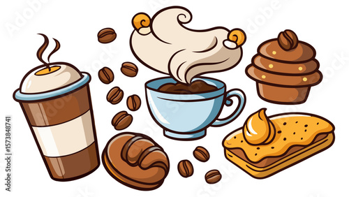 Cartoon Coffee Shop Elements Vector – Coffee Cups, Beans, Steam, Pastries PNG Transparent