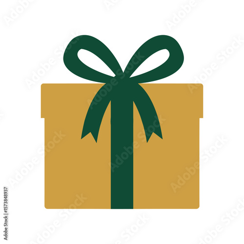 A golden gift box with a dark green ribbon and bow, isolated on white background, is perfect for any celebratory occasion