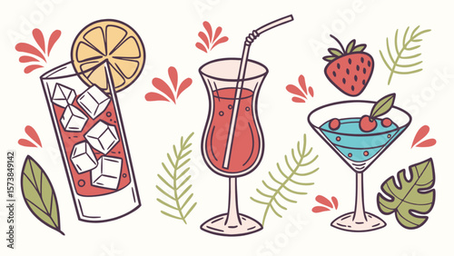 Summer cocktails vector art fresh juice drinks tropical bar fruit ice strawberry lemon party design illustration 100