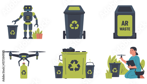 Man and woman putting recyclables in green bins with a recycling symbol, representing environmental waste management