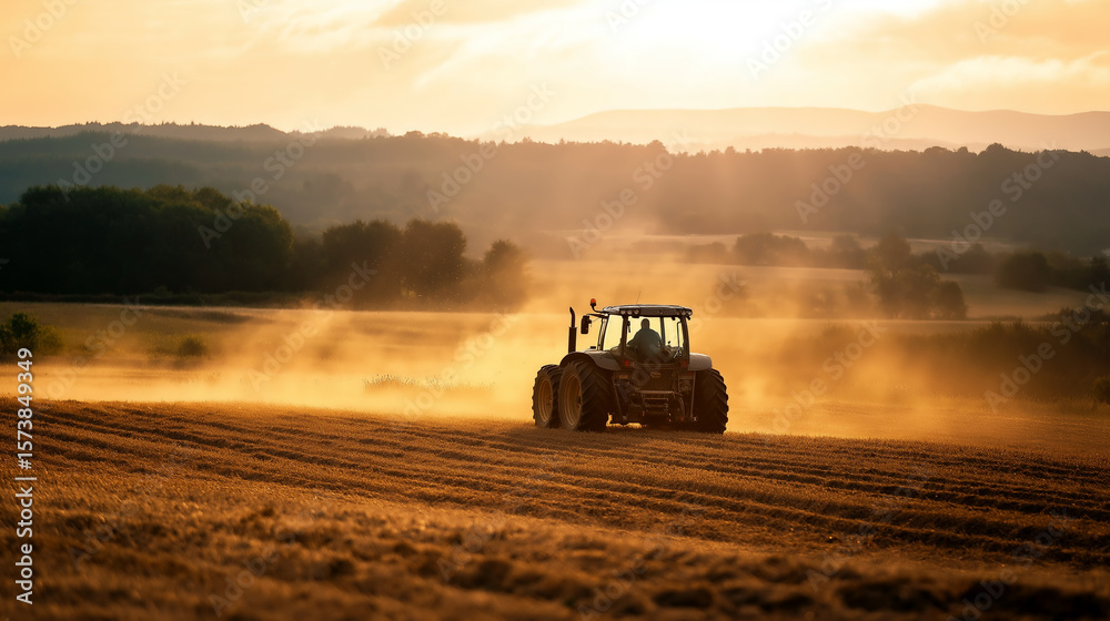 Fototapeta premium Farmers driving tractors to gather hay during sunset in the French countryside