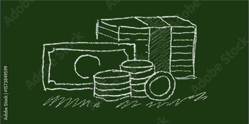Hand-drawn chalk illustration of money symbol on green chalkboard background. Simple doodle vector representing money, wealth, finance, income, savings, banking, and financial growth.