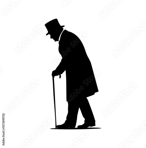 Elegant Elderly Gentleman Silhouette: Vintage Cane & Top Hat Design - Perfect for Historical, Classic, and Dignified Concepts