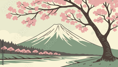 Mount fuji japan landscape with cherry blossoms and river scenic view nature art illustration vector design