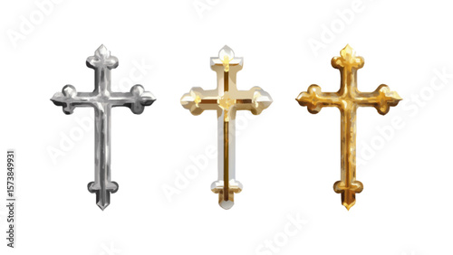 Christian cross religious symbol vector illustration in gold silver and bronze metal texture design 100