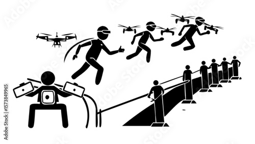 Drone racing competition with vr goggles and remote control stick figures vector illustration design