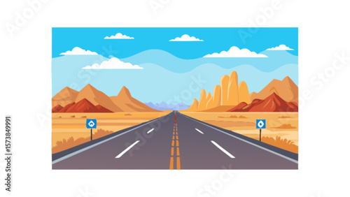 Desert road trip scenic landscape illustration with mountains and sky for travel and adventure needs