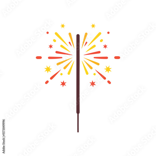 A single sparkler with colorful sparks is isolated on white background, perfect for new years eve or any celebratory event