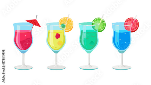 Colorful summer cocktails vector illustration for party drinks and beverage design with fruit slices and straw