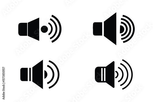 Collection of four minimalist black speaker icons, sound wave symbols, volume control, audio interface, digital technology, user interface elements, website design, app development, modern flat style,