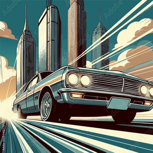 Classic ride through the modern jungle. Classic car speeds down a city street with skyscrapers. EPS 10 version.