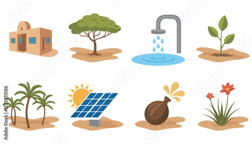 A vibrant vector illustration of a gardening icon set beside a tropical island beach with palm trees and a bright summer sun