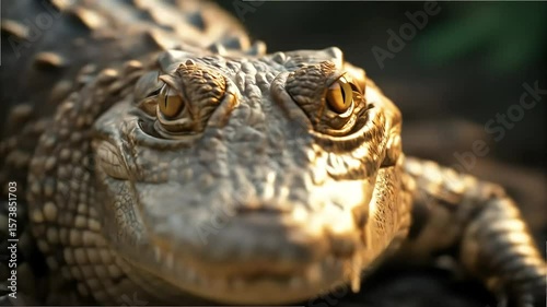 Close-up wildlife portrait of a reptile with scales visible around its wild eye