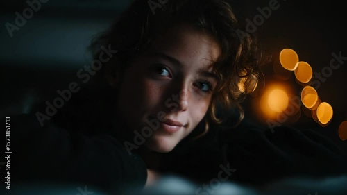 Captivating portrait of a thoughtful young person in a dimly lit environment with warm bokeh lights