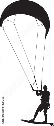 Black silhouette of a person paragliding with parachute over white background