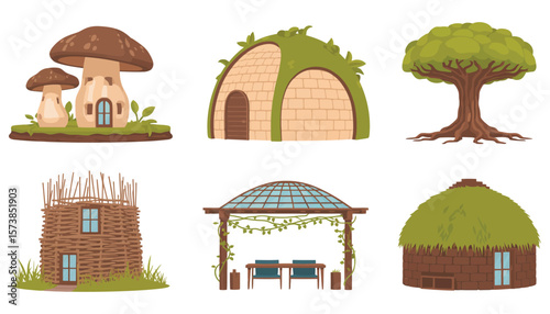 Cartoon vector illustration of houses and trees in a village