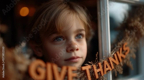 Child gazing thoughtfully while giving thanks during autumn season in cozy indoor setting with decor
