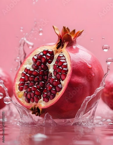 Fresh ripe red pomegranate fruit, whole and cut with juicy seeds, isolated on a white or rustic wooden background for healthy food and dessert concepts
