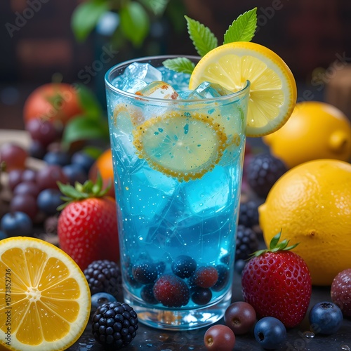Fresh and cold fruit cocktail with lime, mint, and ice in a glass, a perfect summer refreshment