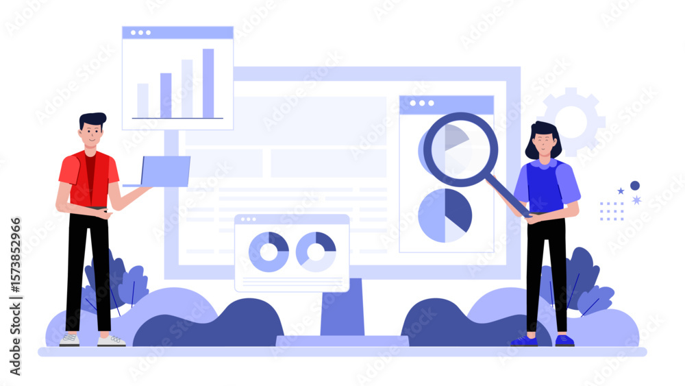 Fototapeta premium Digital marketing manager auditing website SEO, flat vector illustration