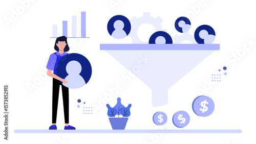 Business analyst reviewing conversion rate funnel, flat vector illustration