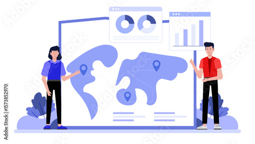 Employees discussing milestones on shared roadmap, flat vector illustration