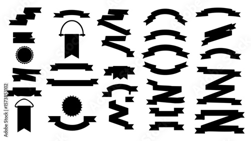 Vector art of an extensive compilation of black ribbon and banner shapes for creative projects isolated on transparent background