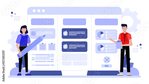 Project manager updating Gantt chart for team timeline, flat vector illustration