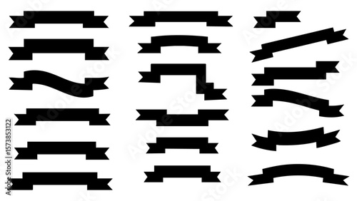 Vector art of a curated selection of black ribbon and banner shapes for versatile design applications isolated on transparent background