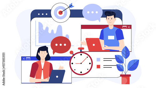 Remote team aligning goals in sprint planning meeting, flat vector illustration